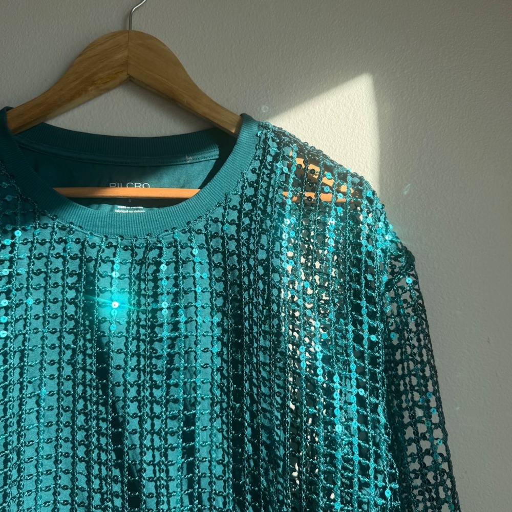 Anthropologie Pilcro Teal Sequin Lattice Long Sleeve Top - Picture 4 of 8